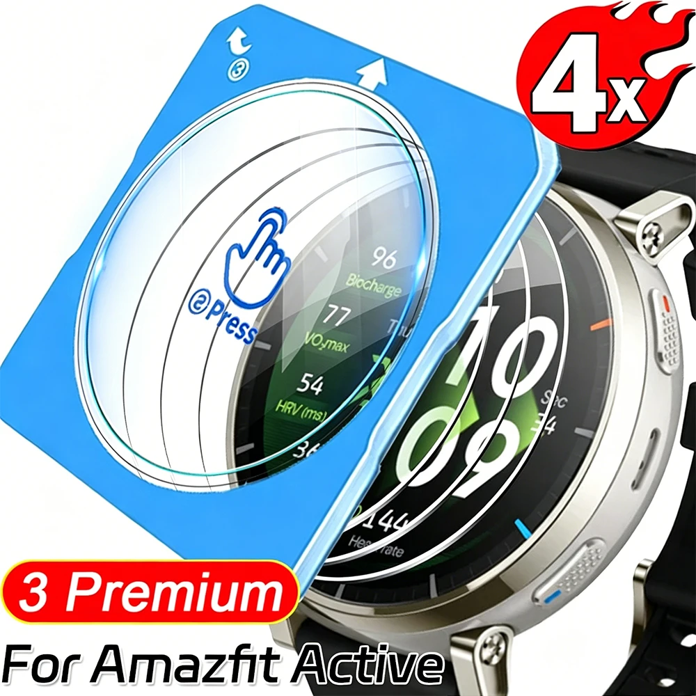 Protetor de tela de vidro temperado, fácil de instalar, para amazfit active 3, smartwatch premium, filme protetor anti-arranhões hd, 1/2/4 unidades