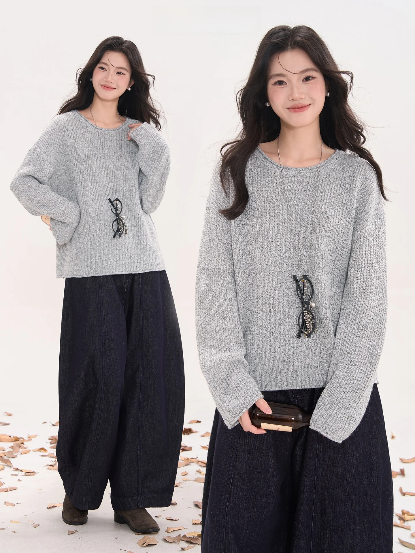 

Вязаная шерстяная накидка Heme 6 для женщин: ранняя осень, корейский стиль, повседневная верхняя одежда с круглым вырезом и длинными рукавами