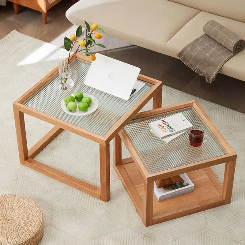 a Nesting Square Coffee Tables Solid Wood Frame Fluted Glass Top Open Storage Minimalist Sofa Side End Table Living Room Furni