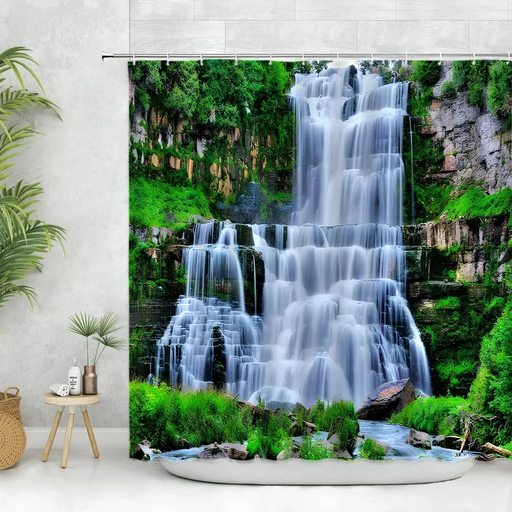 Forest Waterfall Scenery Shower Curtains Courtyard Garden Tropical Tree Water Nature Landscape Bathroom Curtain Polyester Fabric