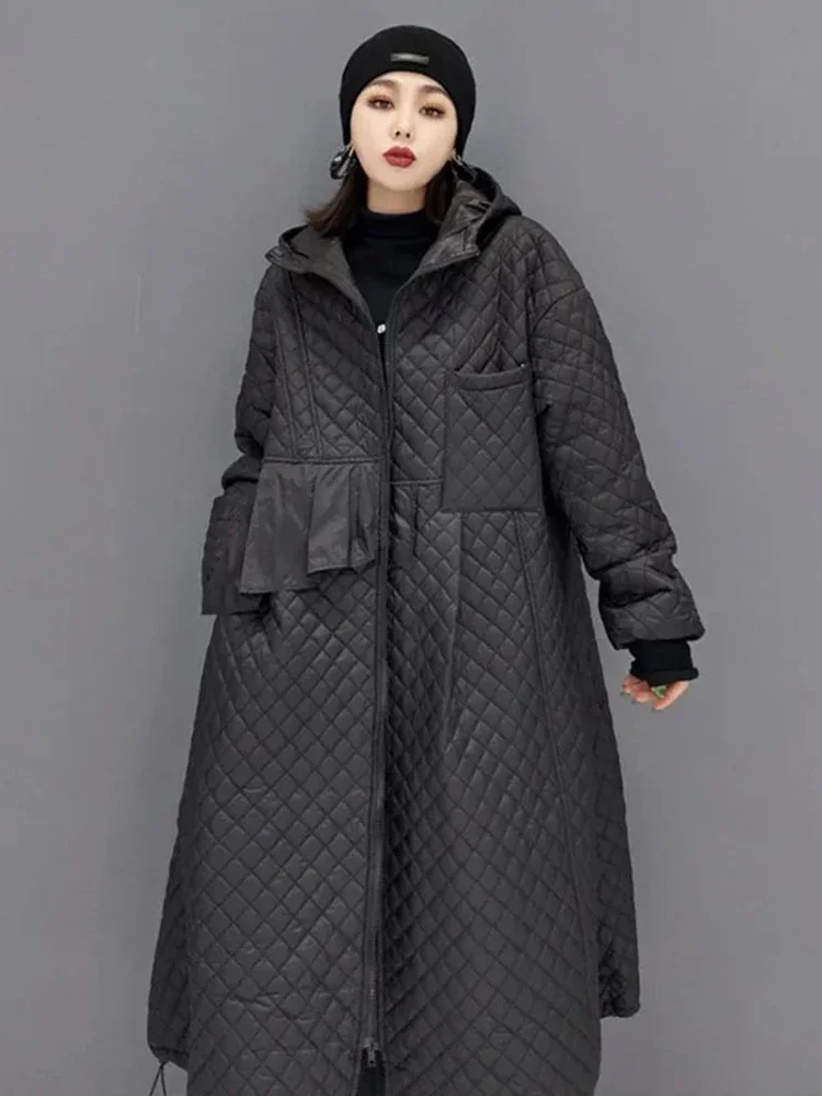 XITAO Hooded Parka Solid Color Long Large Size Diamond Lattice Zipper A-line Fashion Vintage All-match Keep Warm New JL0224