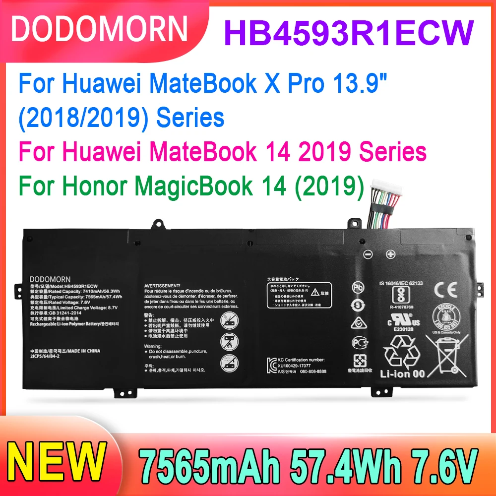 DODOMORN HB4593R1ECW Laptop Battery For Huawei MagicBook 14 2019 KPR-W19 KPL-W00 VLT-W50 VLT-W60 VLT-WXO MACHR-W29 New Battery