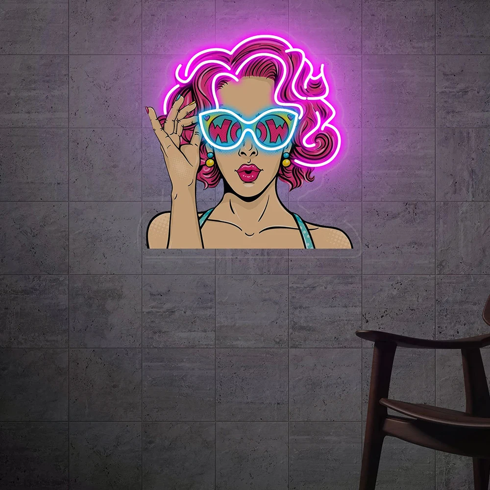 UV Print Acrylic Led Neon Sign Wow Lady Neon Light Living Room Bedroom Decoration Sign Home Bar Wall Decor Woman Face Night Lamp