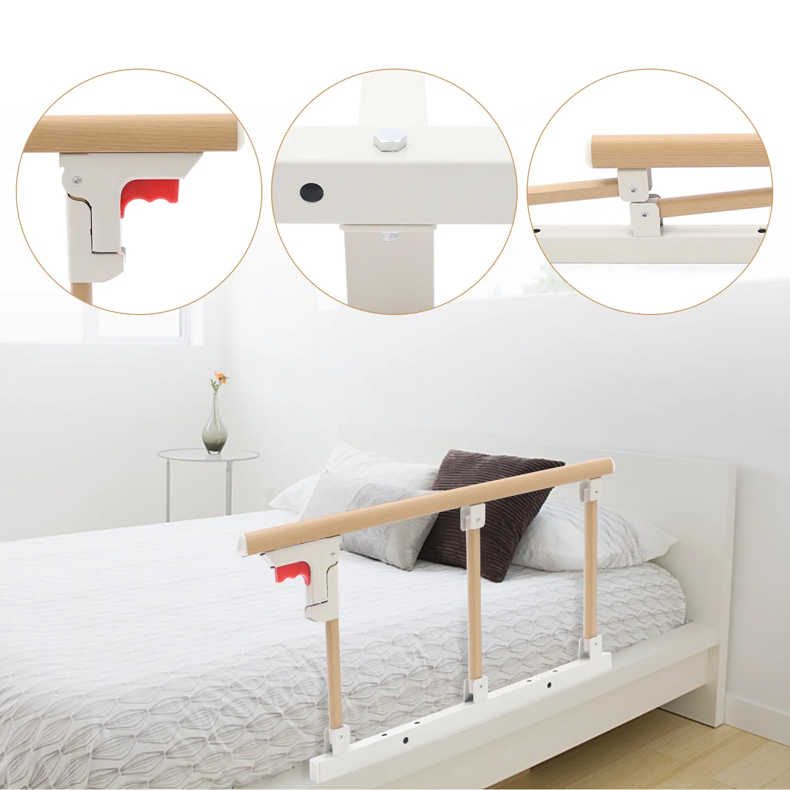 Aluminium Alloy Folding Bed Rails Wooden Grain Safety Assist Handle Bed Railing Fit for Elderly Seniors Adults