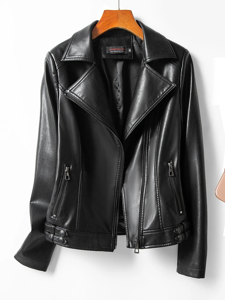 Genuine Leather Suit Collar Women\'s Short Spring Autumn Jacket Elegant Slim-Fit Sheepskin Coat Thickened Warm Soft Comfortable