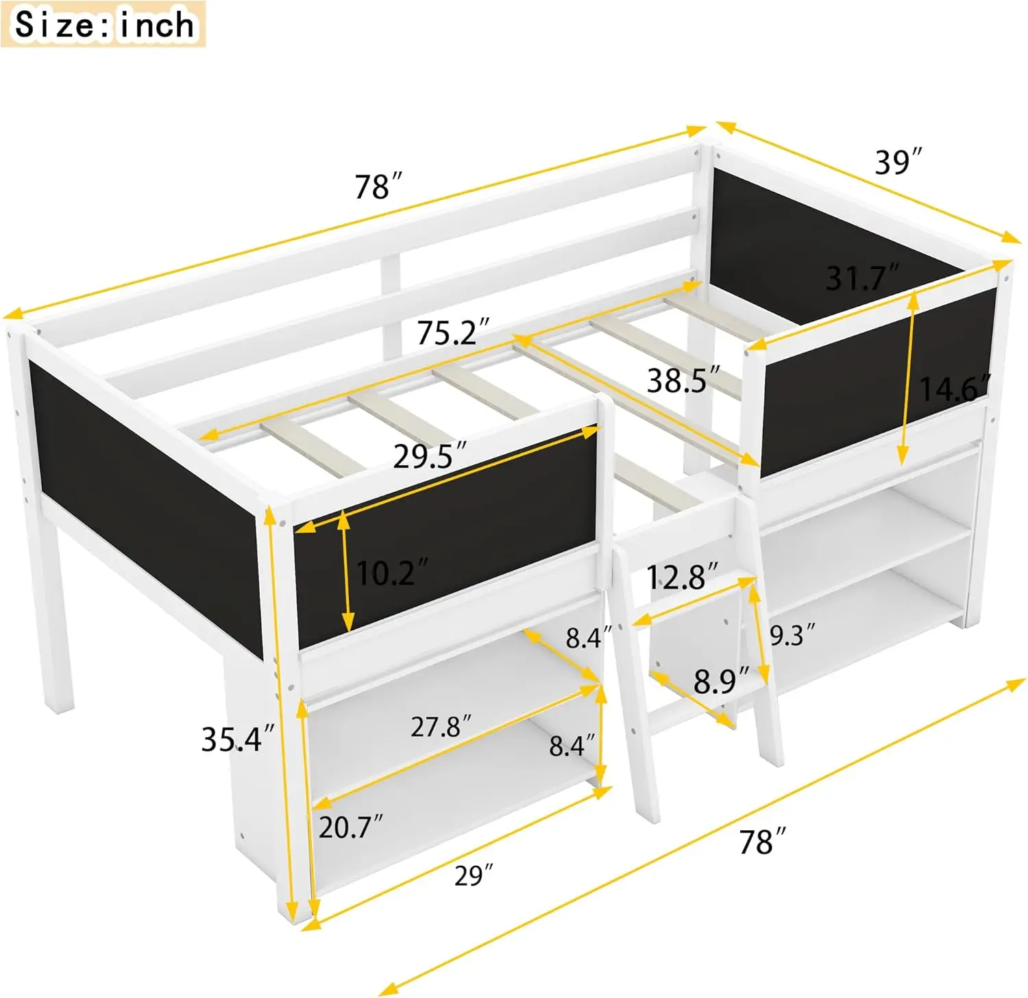 Twin Size Low Loft Bed With Movable Shelves For Kids,Kids Low Loft Bed Frame With Guardrail Chalkboard And Storage,Solid Wood