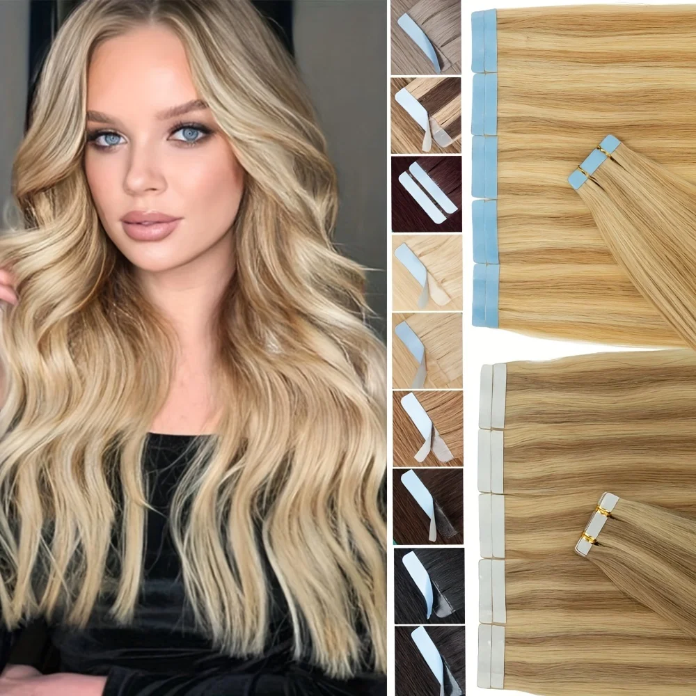 وصلات شعر بشري 12 بوصة -20 بوصة، 20 قطعة وصلات شعر غير مرئية ريمي شعر بشري غير مرئي 12 بوصة - 20 بوصة غراء أشقر بني #1