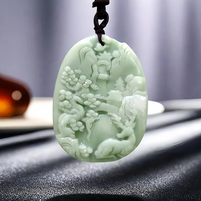 Green Natural Real Jade Landscape Pendant Necklace Designer Gift Vintage Chinese Luxury Amulet Fashion Stone Gemstones Charm