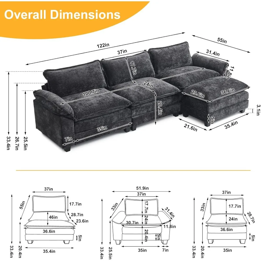 Sectional Sofa Modular Deep Seat Sofa Couch with Ottoman, Chenille Sofa Sleeper Comfy Upholstered Furniture for Living