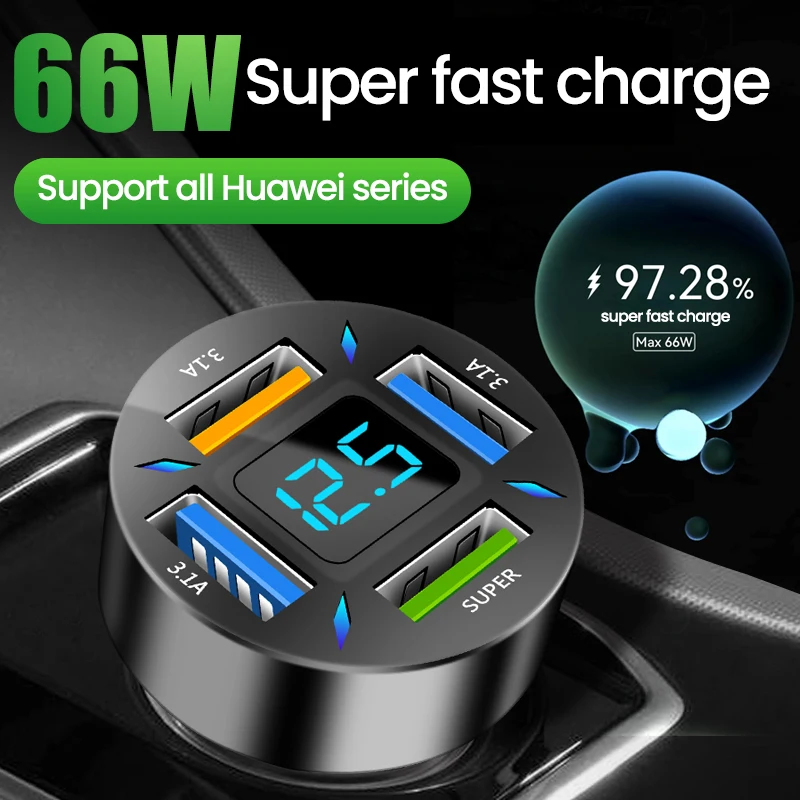 66W Car Charger Quick Charge Cigarette Lighter Adapter 4-Port USB A+USB C Fast Charging Phone Charger for iPhone Xiaomi Samsung