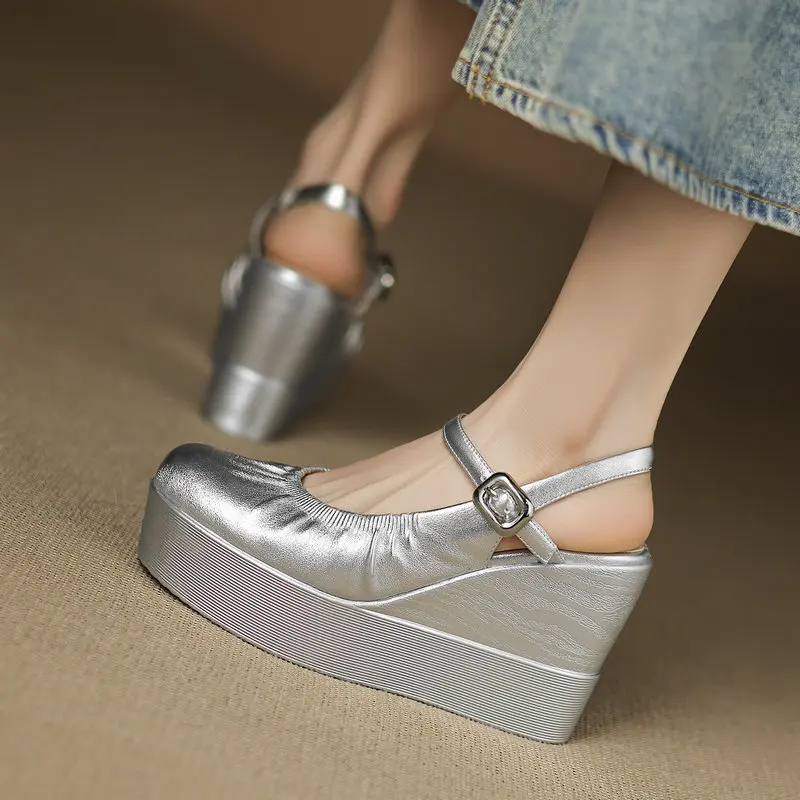 Closed Toe Silver Slingbacks Shoes for Women Velour Black Platform Wedges High Heels Summer Pumps Classic Fashion Sandals