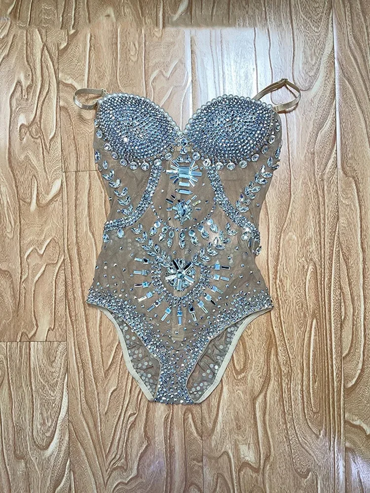반짝 이는 실버 크리스탈 레오타드 섹시한 메쉬 클럽 파티 여성 가수 DJ 폴 댄스 라인 석 바디 슈트 섹시한 무대 댄스 의상
