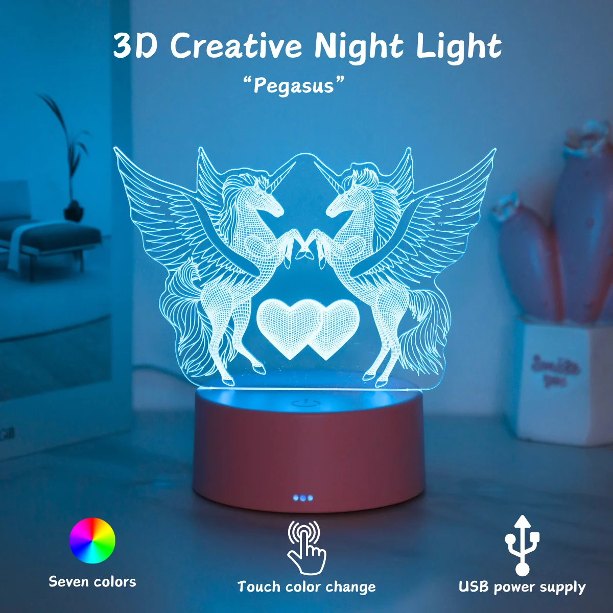 Luz nocturna de Pegasus 3D con degradado de siete colores, alimentada por USB, regalo perfecto para decoración de dormitorio, fiesta y cafetería