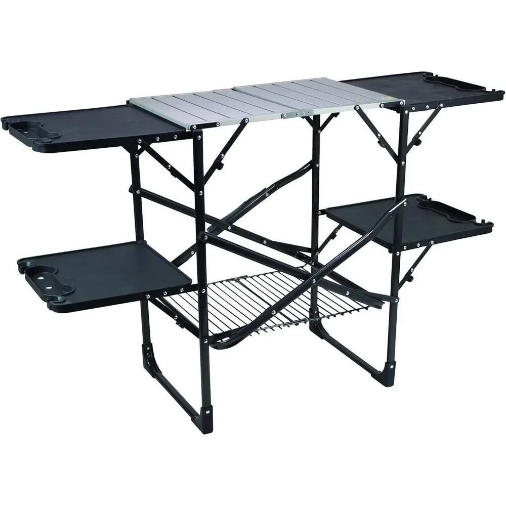 Camping Table,Slim-Fold Cook Station Portable Folding Kitchen Table with A Heat Resistant Tabletop,4 Side Tables & Storage Rack