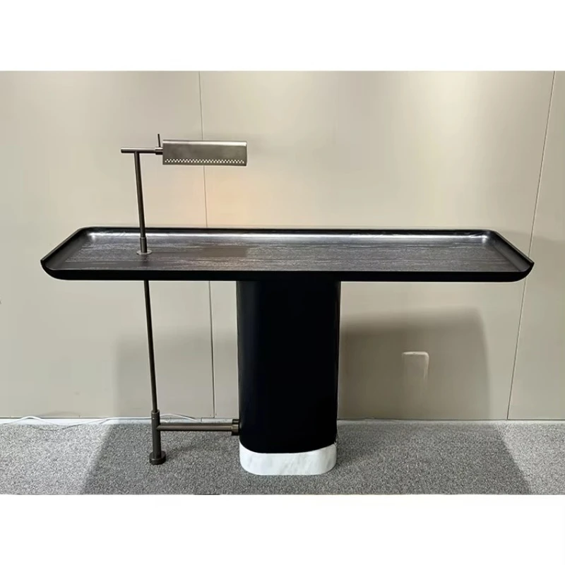 

High-end living room apartment console table black wood and white marble base rectangular table with lamp