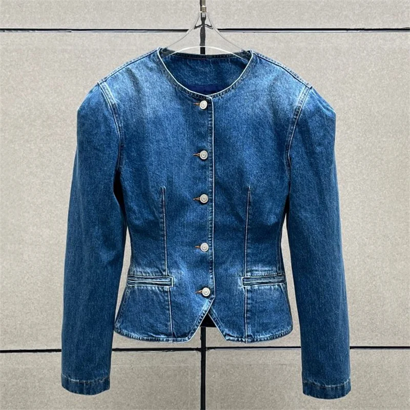 women's jacket New single breasted pure cotton women's coat for autumn 2026 Shoulder padded slim fit denim jacket Women's tops