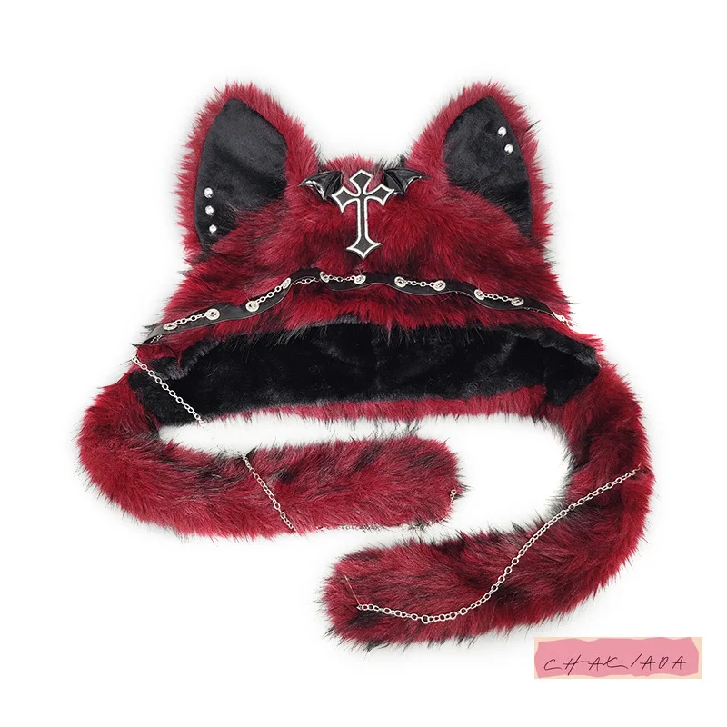 Design di nicchia giapponese Sottocultura Hottie Cat Ear Goth Cappello di peluche Autunno Inverno Halloween Punk Rock Accessori in metallo Cappello termico