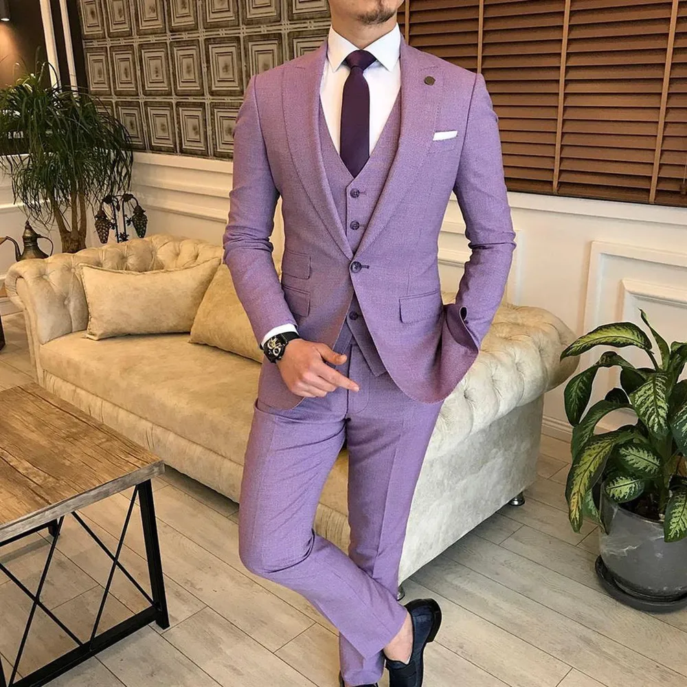 Trajes de 3 piezas para hombre, esmoquin de solapa con muescas lilas para novio de negocios, traje Formal de Boda (Blazer + chaleco + Pantalones)