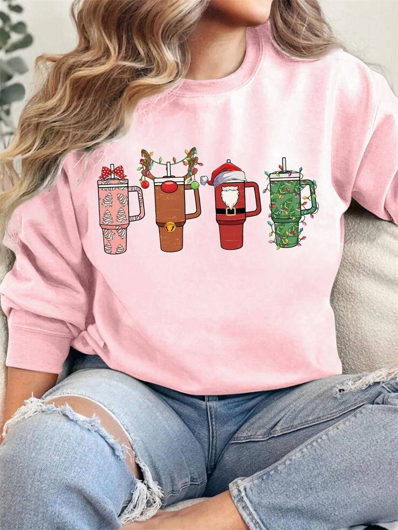 New cotton winter women's Christmas cup Green cup printed festive vintage round neck long sleeve fleece hoodie