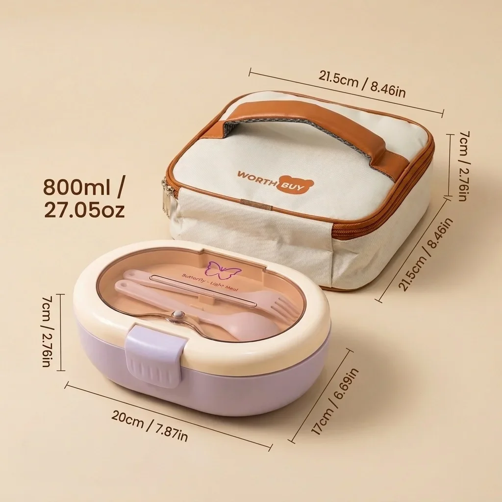 Plastic lunchbox met bestek, lekvrije, verdeelde voedselcontainers voor kinderen, volwassenen, schoolmaaltijden en snacks.
