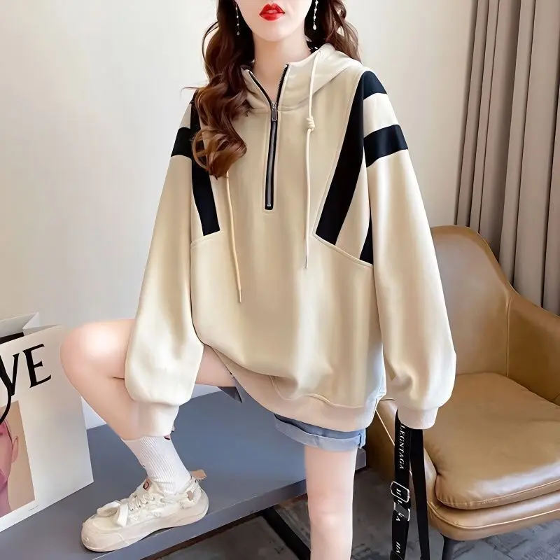 Women Korean Fashion Patchwork Casual Streetwear Hooded Sweatshirts Autumn Winter Fleece Warm Long Sleeve Loose Pullover Hoodies