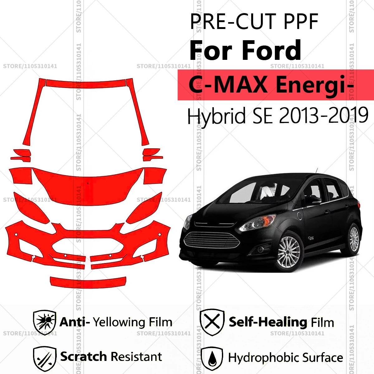 

Предварительно нарезанная прозрачная защитная пленка PPF для автомобиля, комплект для передней части Ford C-MAX Energi-Hybrid SE 2013-2019