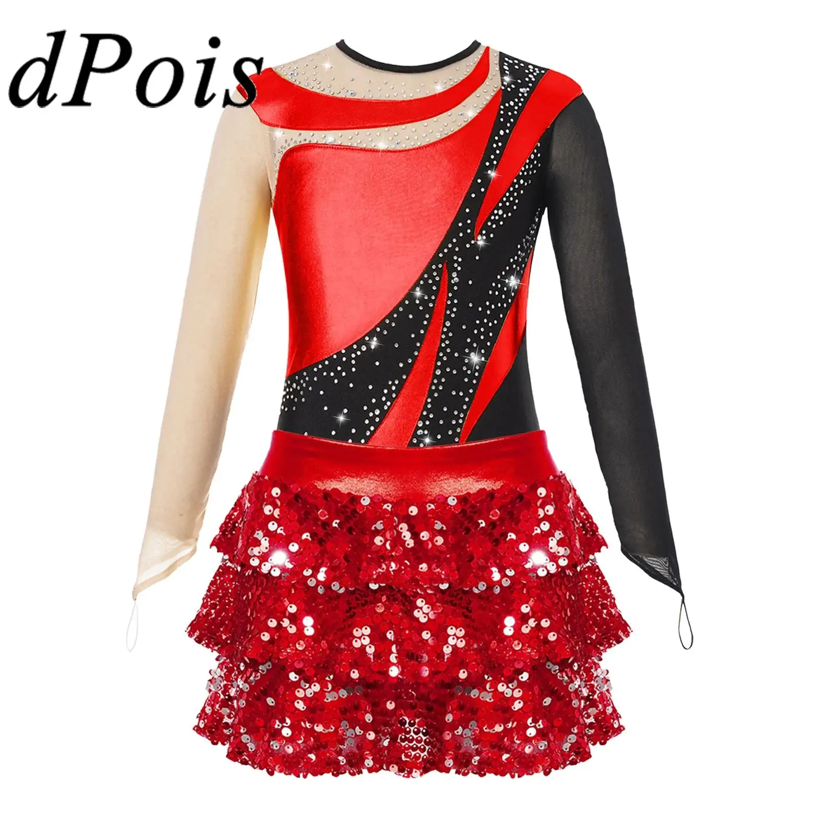 

Kids Girls Figure Skating Jumpsuit Long Sleeve Gymnastics Leotard with Shiny Sequins Skirted Shorts Teens Ballet Dance Outfits