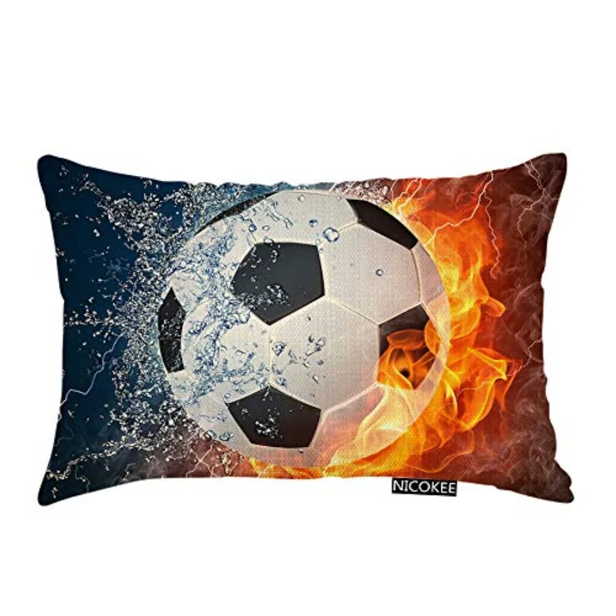 

Throw Pillow Cover Cool Soccer Ball Art Amazing Football Fire with Ice Decorative Pillow Case Home Decor 20x12 Inch Pillowcase