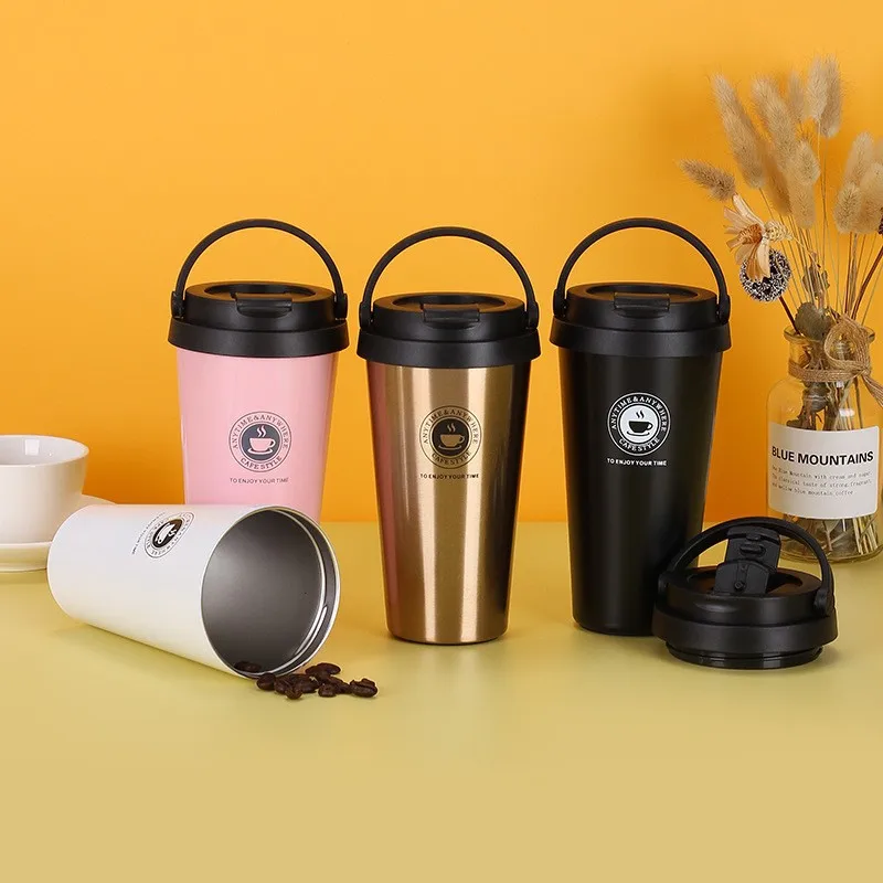 500 مللي كوب قهوة معزول للسفر جدار مزدوج مانع للتسرب كوب ترمس مفرغ كوب شاي من الفولاذ المقاوم للصدأ مع غطاء ومقبض