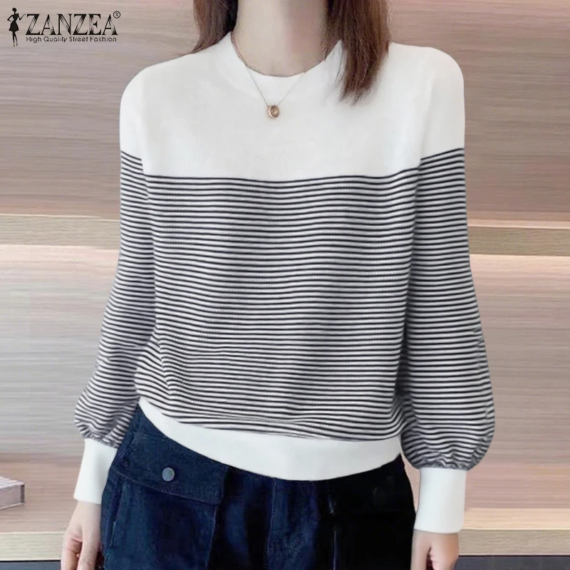 

ZANZEA Fashion Long Sleeve T-Shirts Women Striped Tops Winter Autumn Loose Pullovers Tees Casual Patchwork Tunic Oversized
