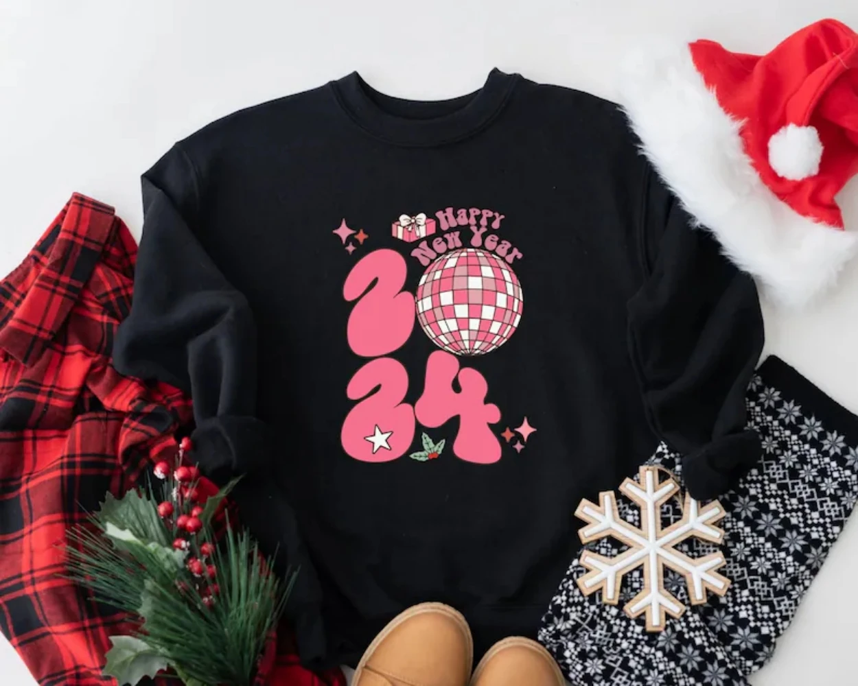 Happy New Year 2024 Sweatshirt Mirror Disco Ball New Years Eve Shirt New Year Group Sweater Aesthetic Crewneck Winter Women Top