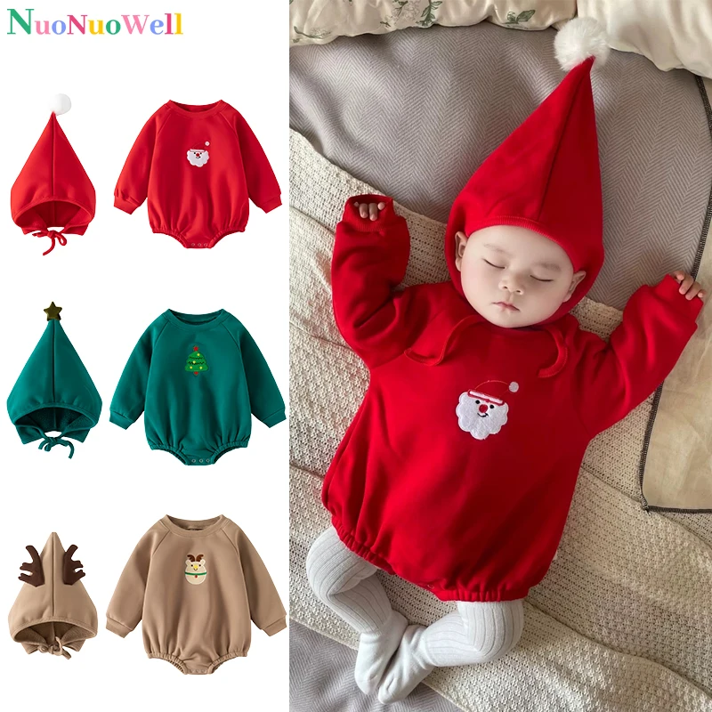 

Baby Bodysuit Christmas One Piece Embroidery Santa Clause Baby Clothing Infant Festival Velvet Romper Hat Sets