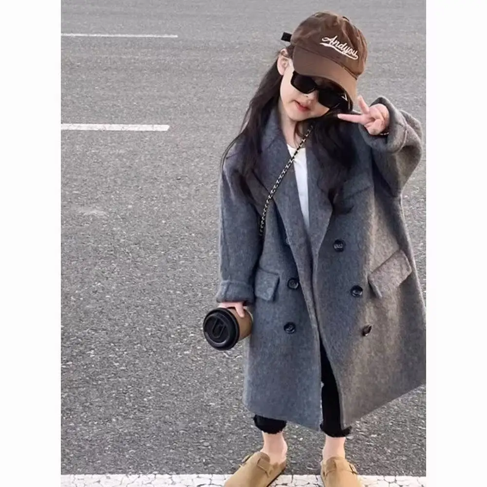 

2-9 Years Children's Woolen Coat Autumn and Wnter 2025 New Mid Long Gray Overcoat Boys and Girls Thick Windbreaker 90-150CM