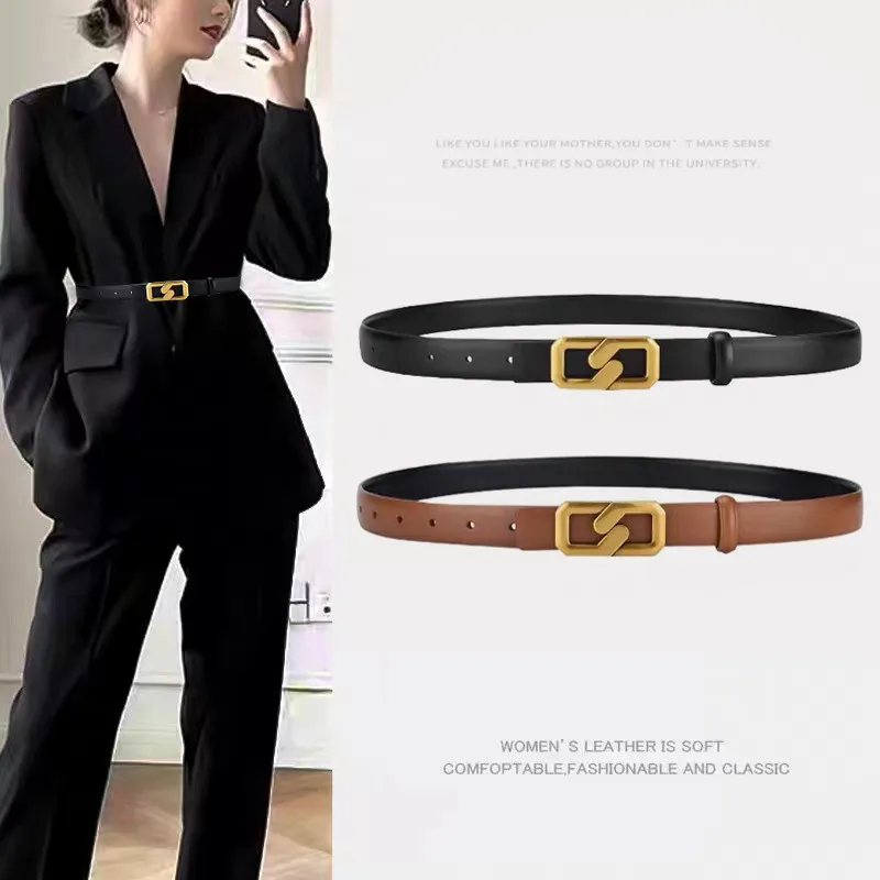 

Double Sided Use of Genuine Leather Belt for Women's Fashion Decoration Suit Jeans Cowhide Thin Belt Summer Ins Style Black Belt