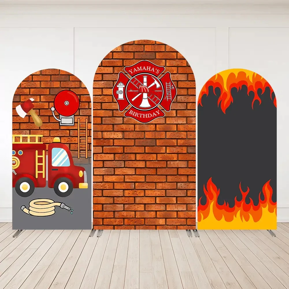 LS Custom 2-Sided Fire Truck Brick Wall Boy Birthday Party Baby Shower Cover Chiara Arch Background Decor Backdrop