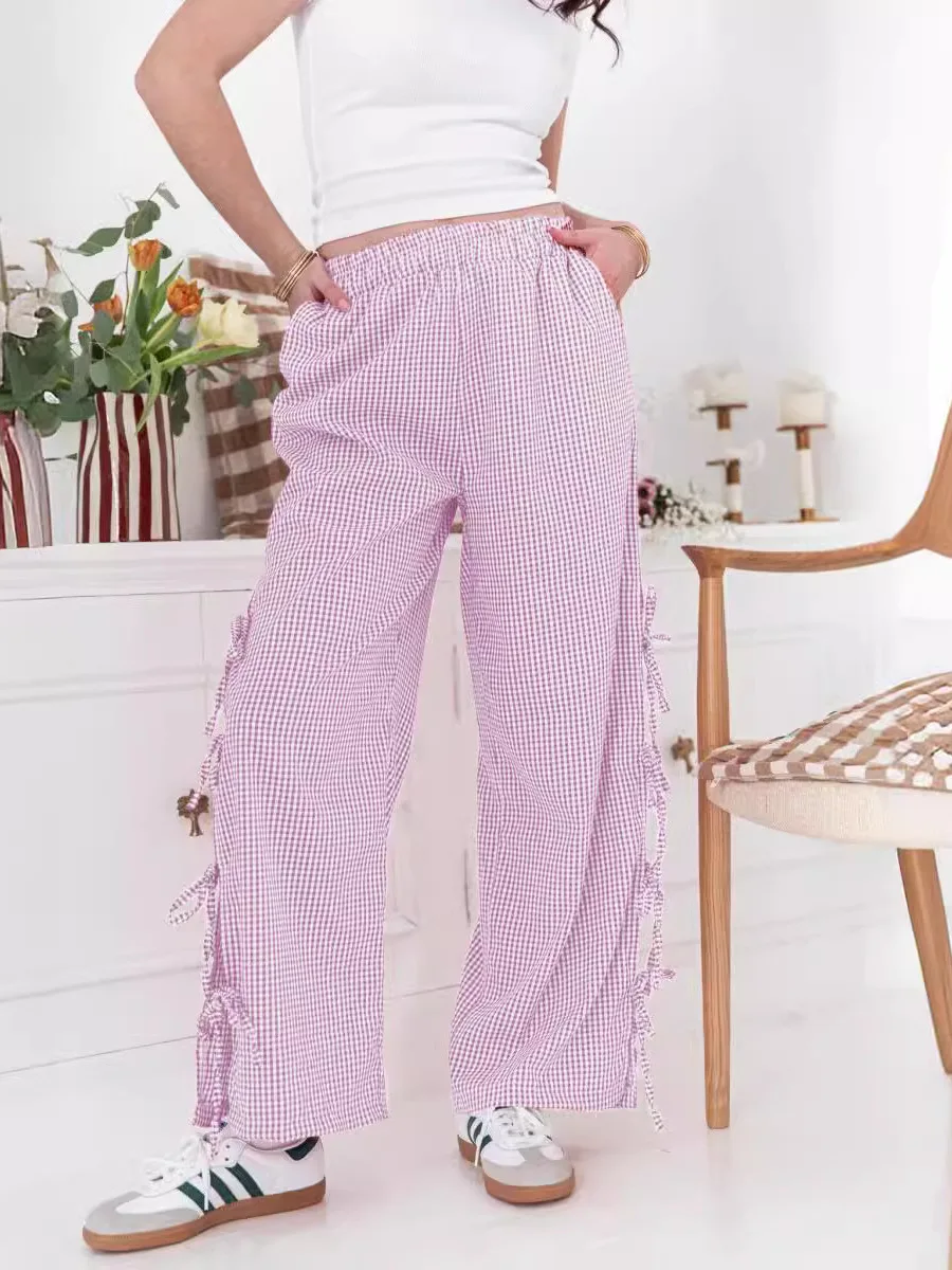 ファッショナブルな夏の格子柄ベルト付きワイドレッグパンツ、女性用通勤スリムカジュアルパンツ、lウエスト、ポリエステル繊維プリント