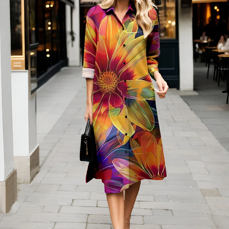 New Autumn Casual Women's Shirt Dress Retro-Style Collared Fashionable Comfortable Long Dress Elegant Long-Sleeve Dress