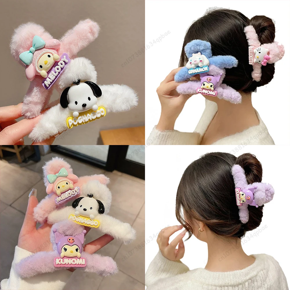 MINISO Clasp Hairpin Sanrio Plush Hair Accesories Kuromi Cinnamoroll Hellokitty Clasp Hairpin Anime Ponytail Curled Hairpin