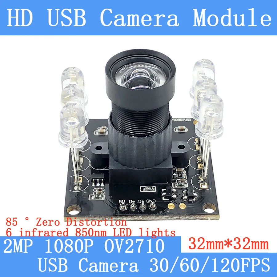 2MP IR 850nm LED Zero Distortion Surveillance Webcam 1080P MJPEG High Speed OV2710 Linux UVC USB Camera Module 30/60FPS 120fps