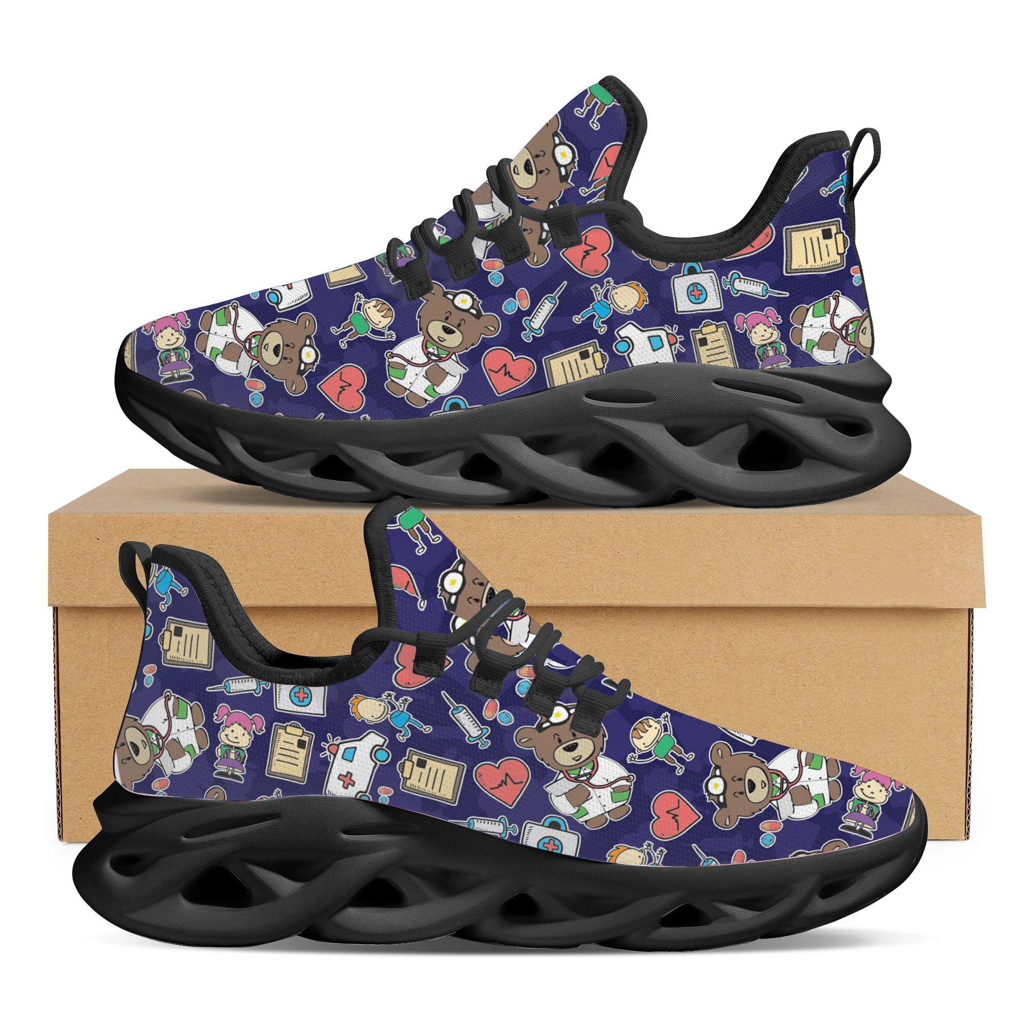 INSTANTARTS Nurse Hospital Bear Pattern Women Flats Shoes Kintting Comfortable Walk Sneaker Female Footwear Nursing Shoes 2022