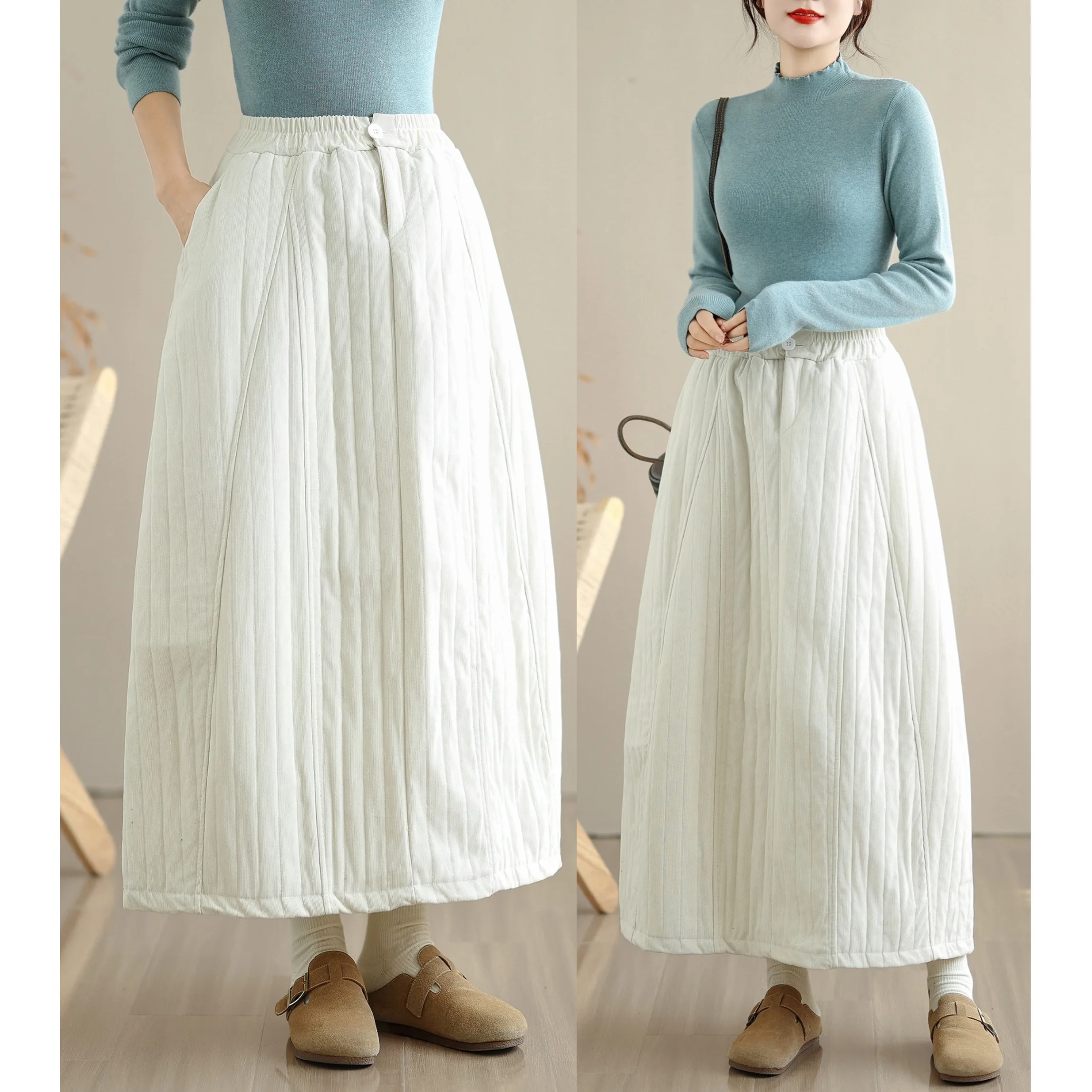 Soft Cotton Winter Thickened Long A-Line Skirt with Inner Cotton Fleece Soft Velvet Half-length Artistic Style Women's Skirt