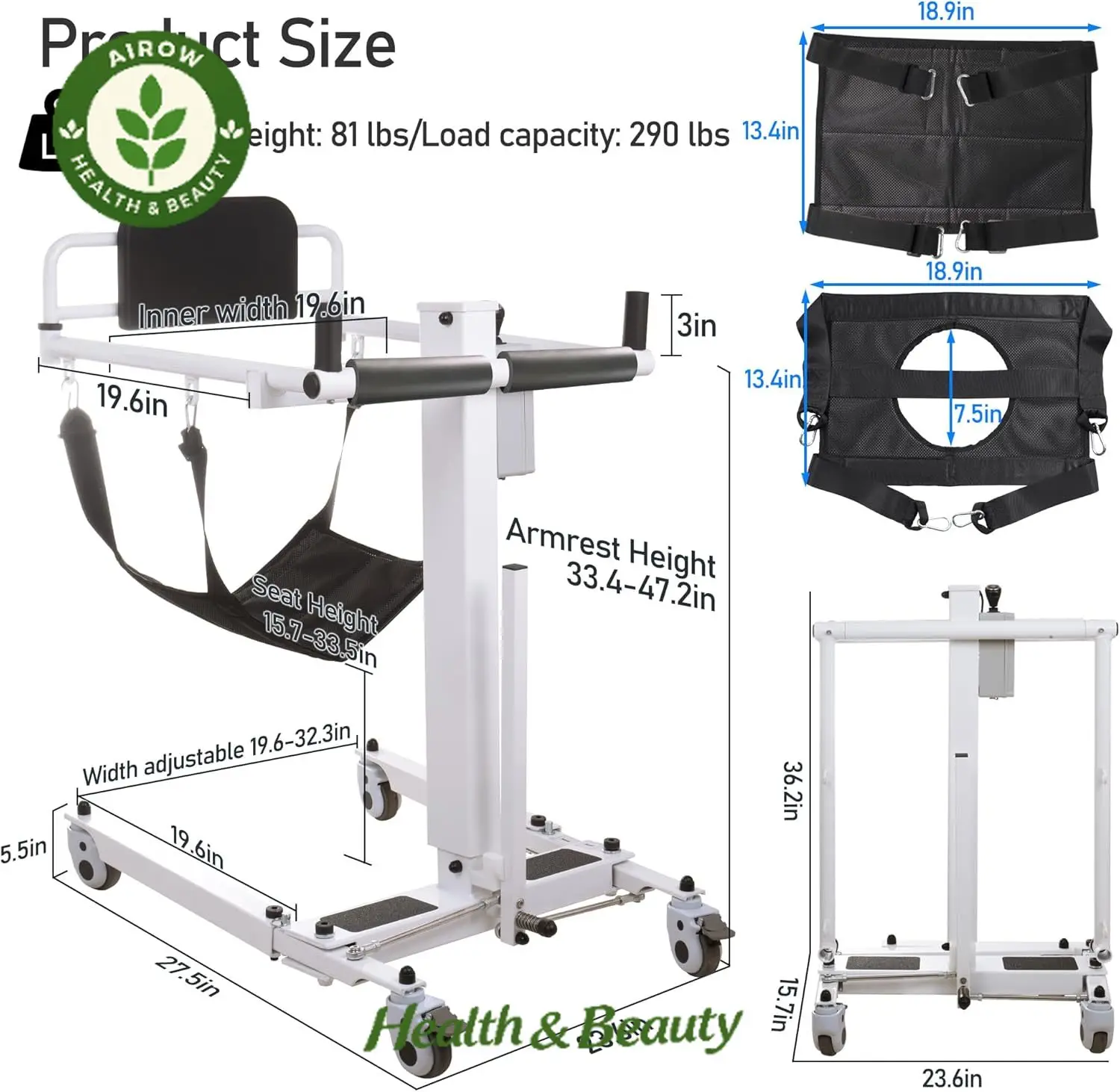 AIROW Electric Patient Vertical Lift Transfer Sling Chair Foldable Design Adjustable Features  Capacity for Mobility Assistance