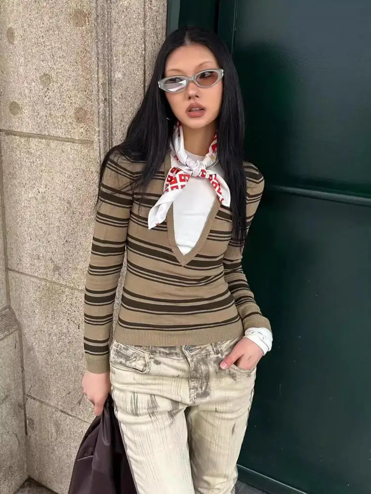 

Yedinas Striped Fake Two Piece T Shirt Women Long Sleeve Korean Fashion Office Lady Knitted Tops Autumn Tees Female Clothing