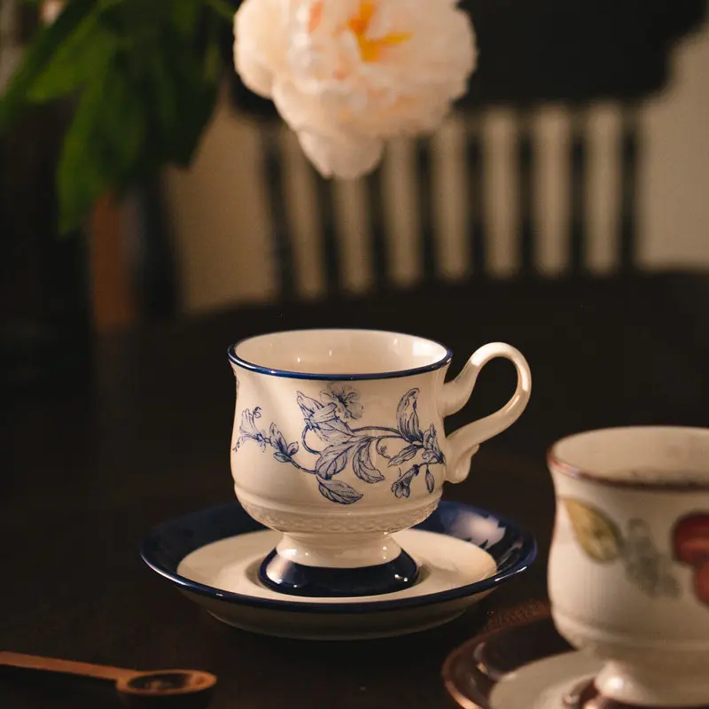 Vintage Chinese Style Ceramic Coffee Cup & Saucer Set Retro Afternoon Tea Mug Hand Drip Dish Ins Internet-Famous Tableware Decor