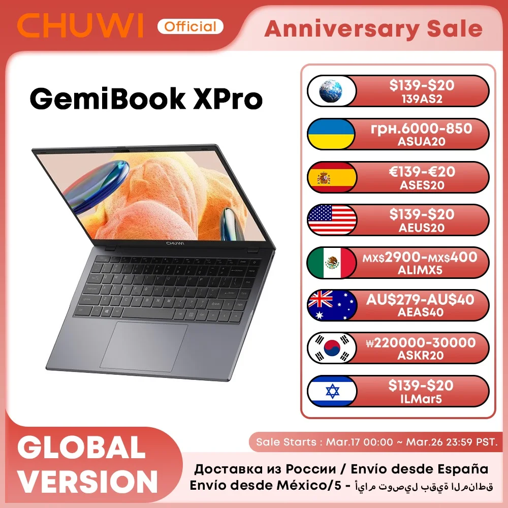 CHUWI GemiBook XPro Laptop processori Intel N100 8GB RAM 256GB SSD schermo UHD da 14.1 pollici con ventola di raffreddamento Notebook Windows 11