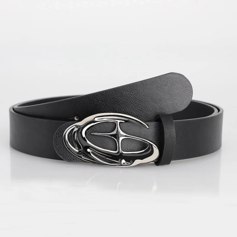 Y2K Hollow‑out Oval Metal Buckle Black PU Leather Belt Fashion Wide Waist Strap Punk Streetwear Jeans Decor Waistband