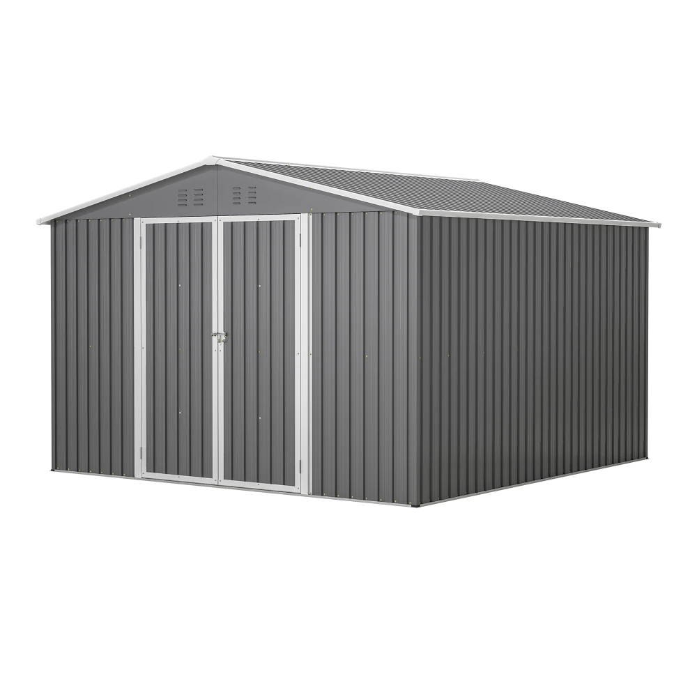 10 X 10 FT Outdoor Storage Shed, Large Metal Tool Sheds with Updated Frame Structure and Lockable Doors, Garden Shed for Backyard Garden Patio Lawn, Grey