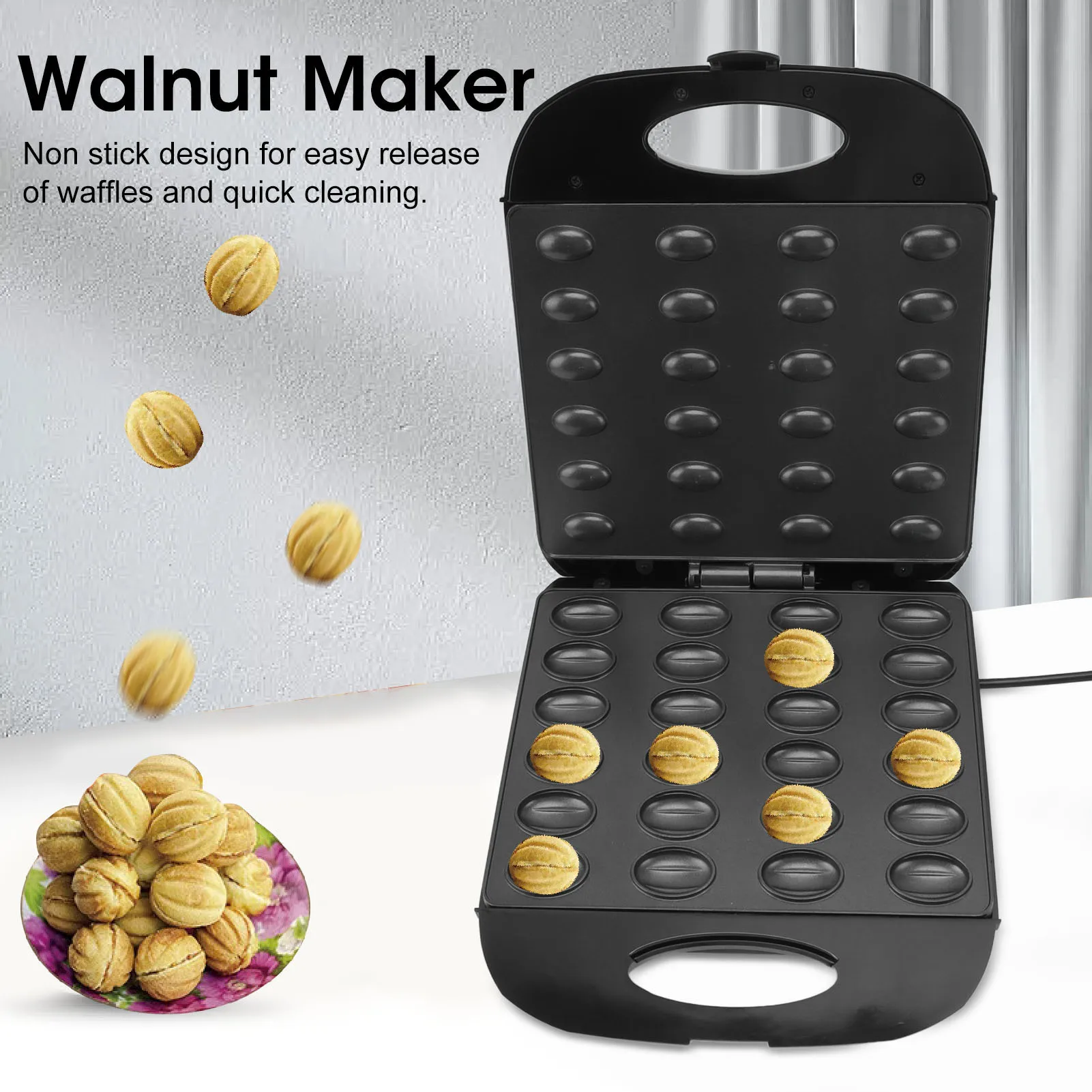 

1400W Electric Walnut Cake Maker 24 Cake Troughs Automatic Nut Waffle Bread Machine Sandwich Iron Toaster Baking Breakfast Pan