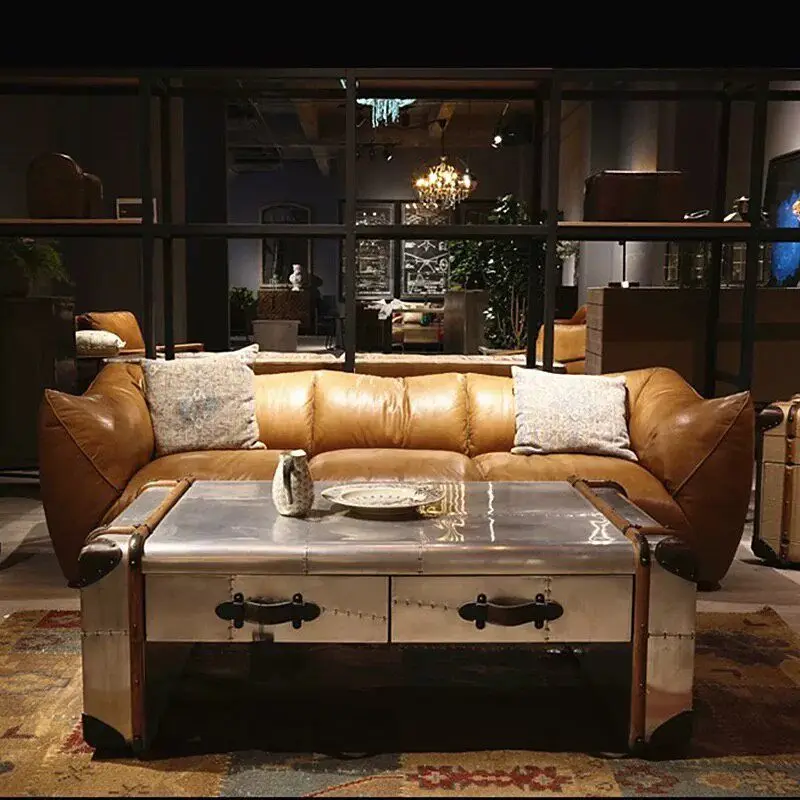 LOFO industrial style aged rattan coffee table, vintage cigar room storage cabinet, whiskey metal design aluminum case