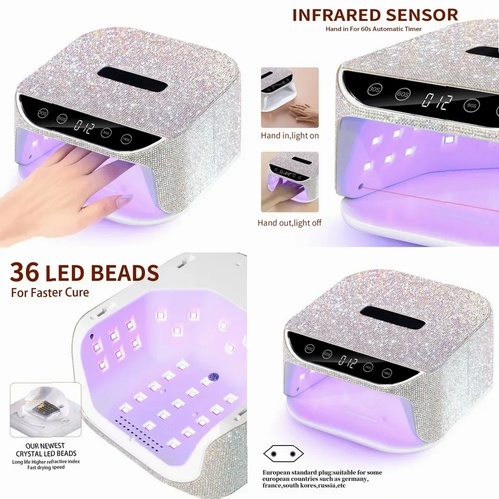 108W Cordless Nail Dryer, Professional UV LED Nail Lamp with Rhinestones Design